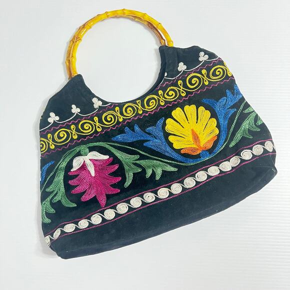 Vintage Handbags - Vintage Boho Colorful Floral Embroidery. Velvet Purse Faux Bamboo Handle Bag